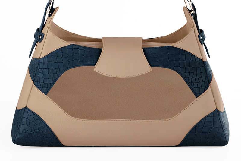 Dress handbag in denim blue, biscuit beige and champagne white leather - Rear view